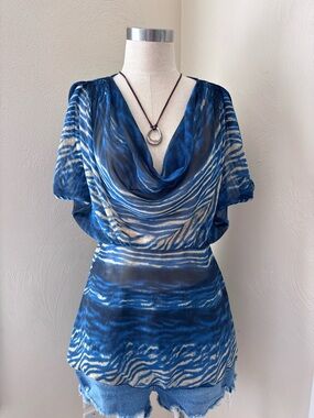 Zebra Printed Sheer Cowl-Neck Blouse with Short Sleeves